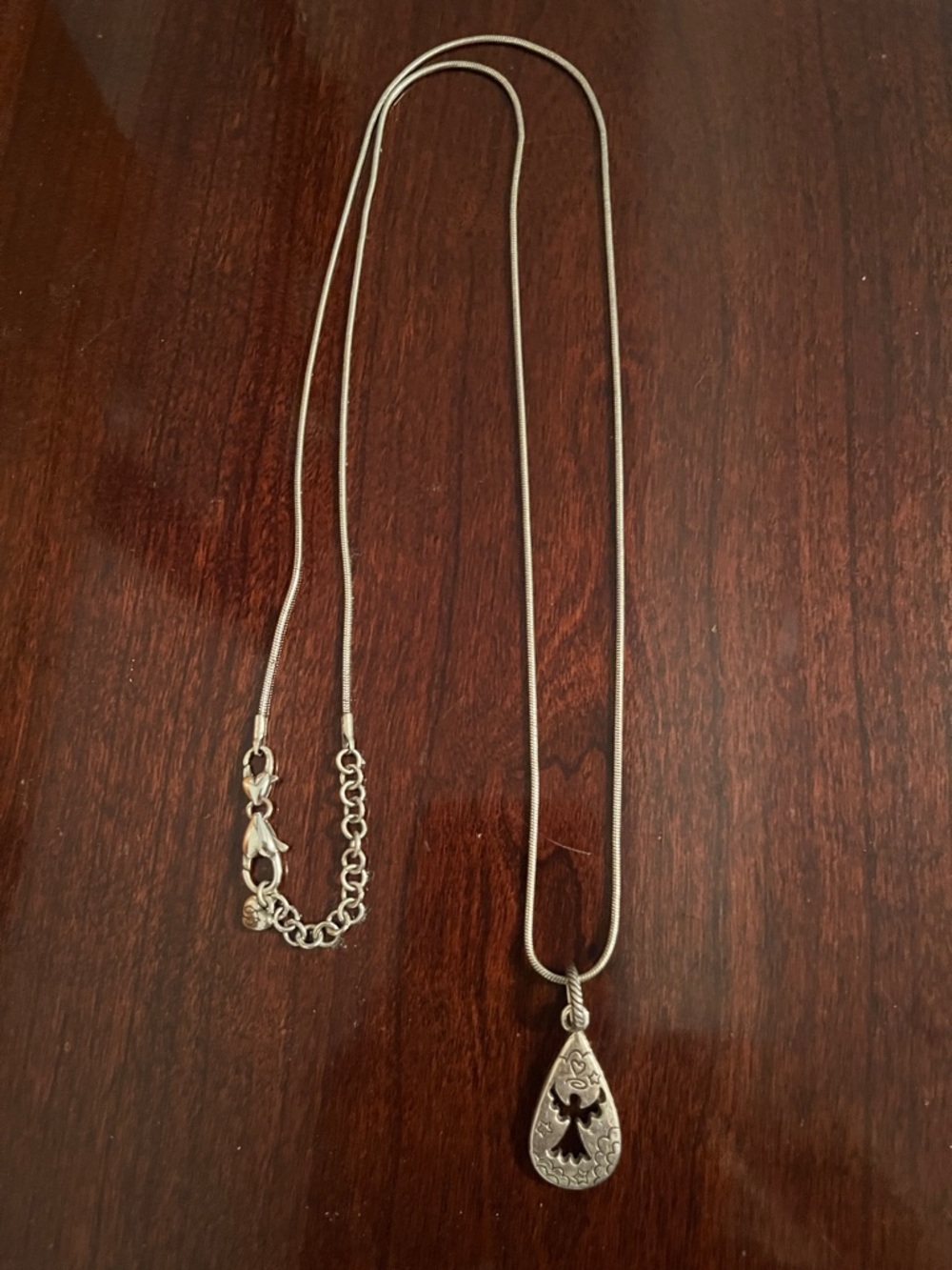 Brighton Angel Cutout Teardrop Pendant Necklace - Silver color 33” necklace